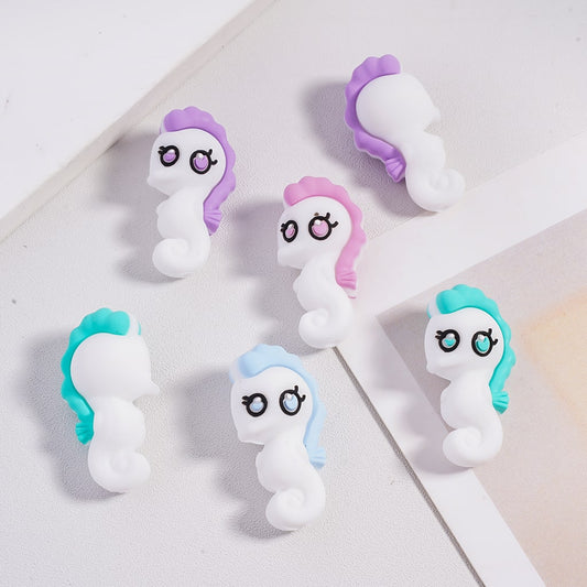3D Different Colors Cute Seahorses with Big Eyes & Colorful Hair Silicone Focal Beads Random Mix