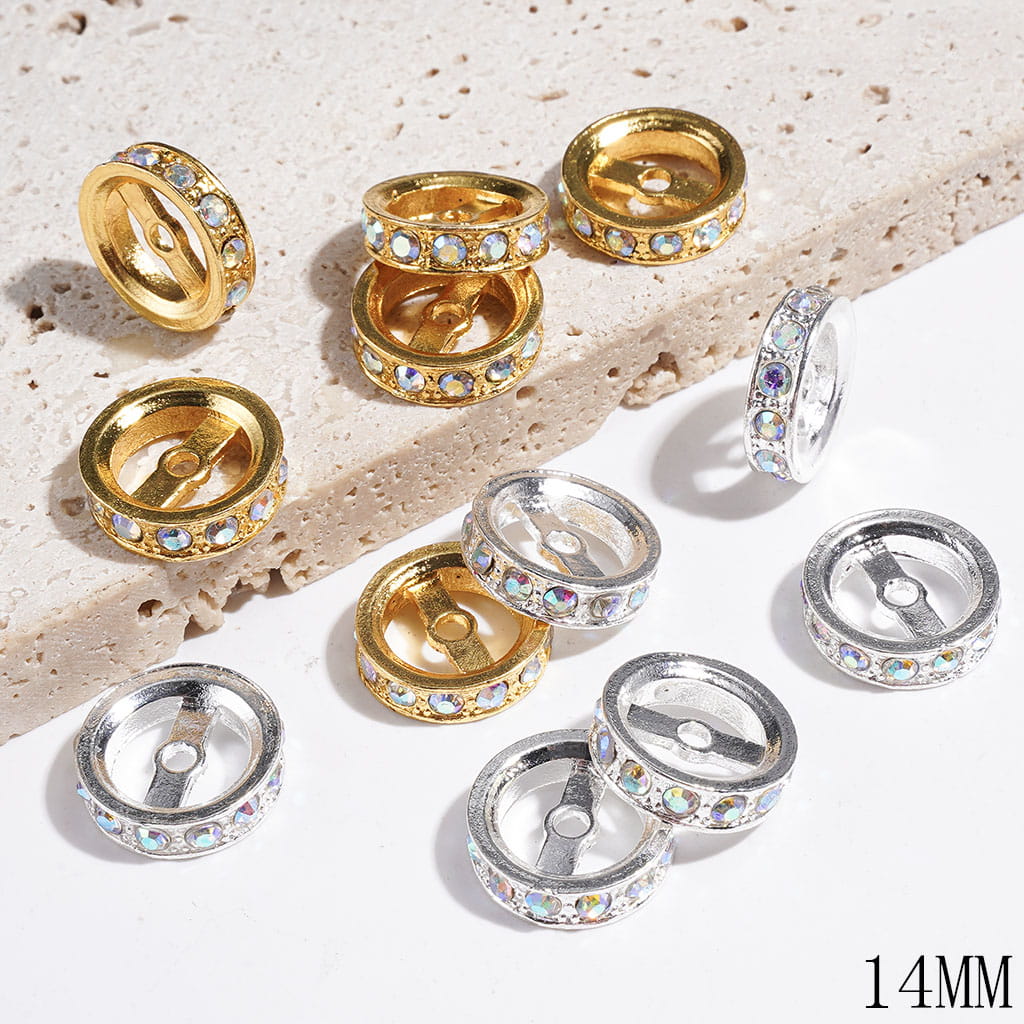 Alloy Beads Wheel Shape with AB Rhinestones, 14MM, Gold and Silver