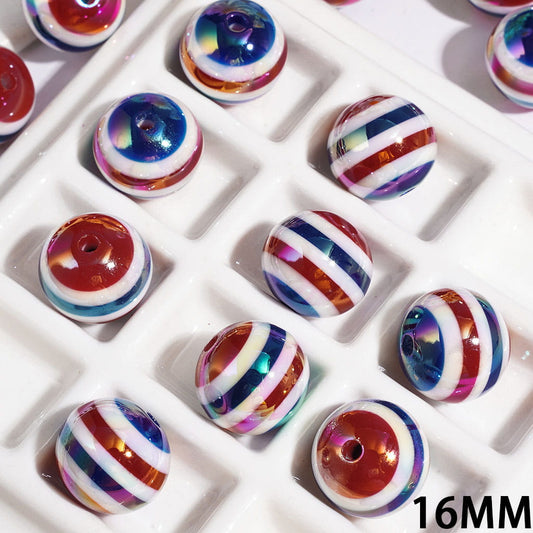 UV Coating Patriotic Red White & Blue Striped Round Acrylic Beads, 16MM, Random Mix