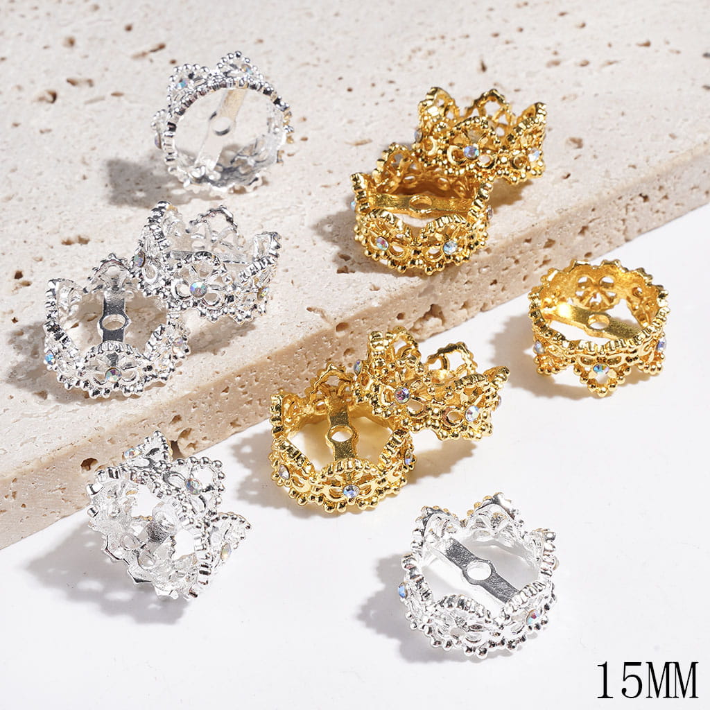 Alloy Beads Cages Crown Design with Heart and Bowtie, Bead Cap with Rhinestones, 15MM, Gold and Silver