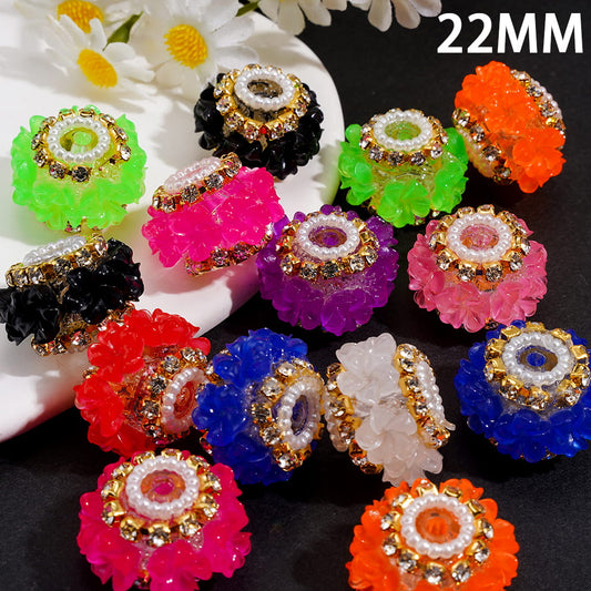 Vibrant Five Petal Flower Design with Gold AB Rhinestone Chain and Translucent Finish Handmade Acrylic Beads 22MM, Random Mix