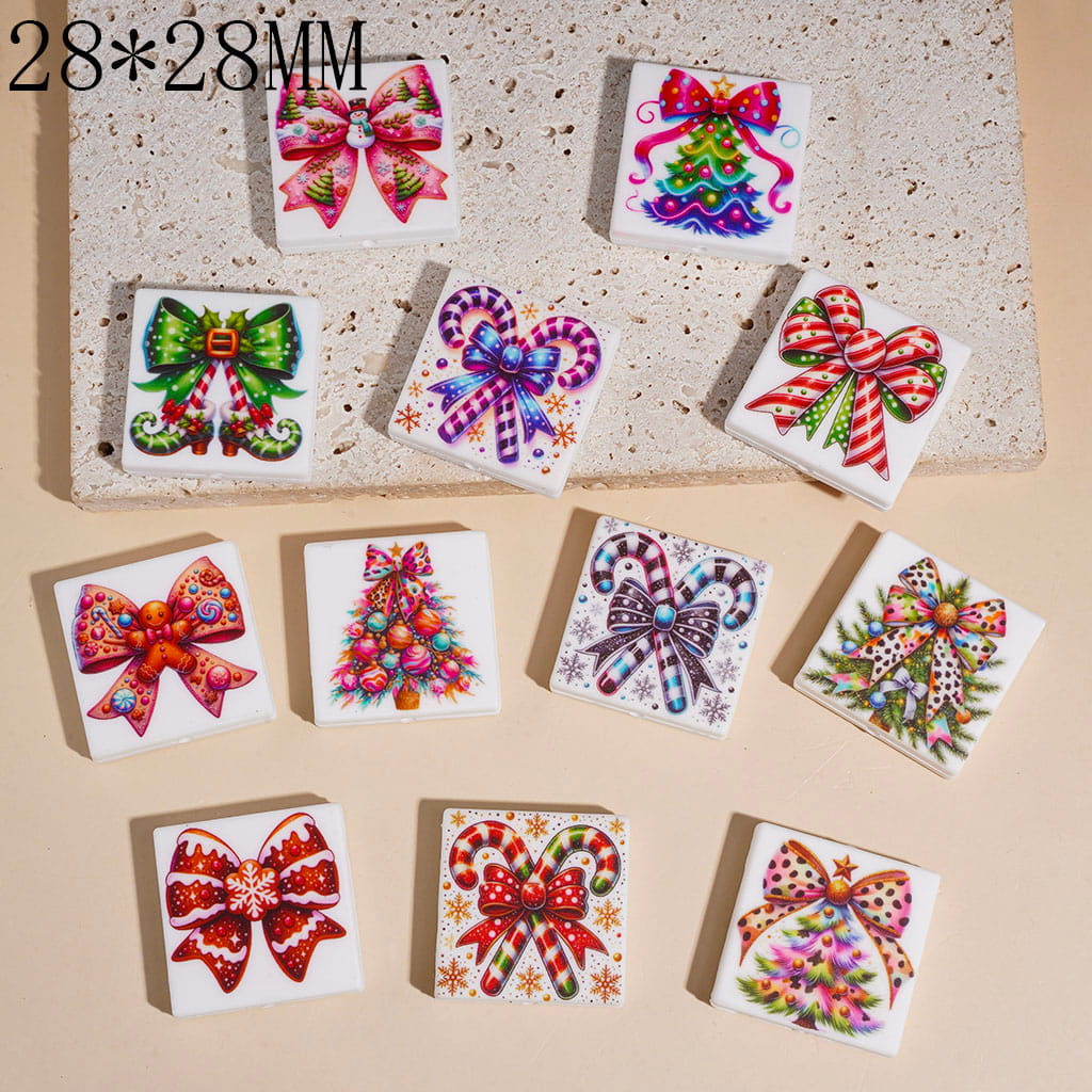 Christmas Bow & Candy Cane Tree Print Flat Square Shape Silicone Focal Beads, 28*28MM, Random Mix