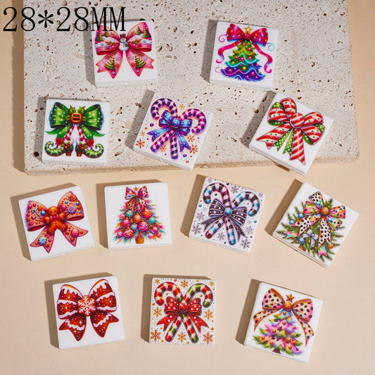Christmas Bow & Candy Cane Tree Print Flat Square Shape Silicone Focal Beads, 28*28MM, Random Mix