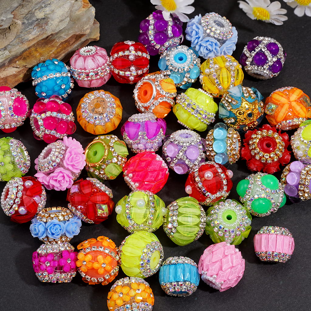 Hand-Made Acrylic Beads Fluorescent Colors Series, w Rhinestones Pearl Embellishments Metal Clasp, Random Mix (Please Read Description)