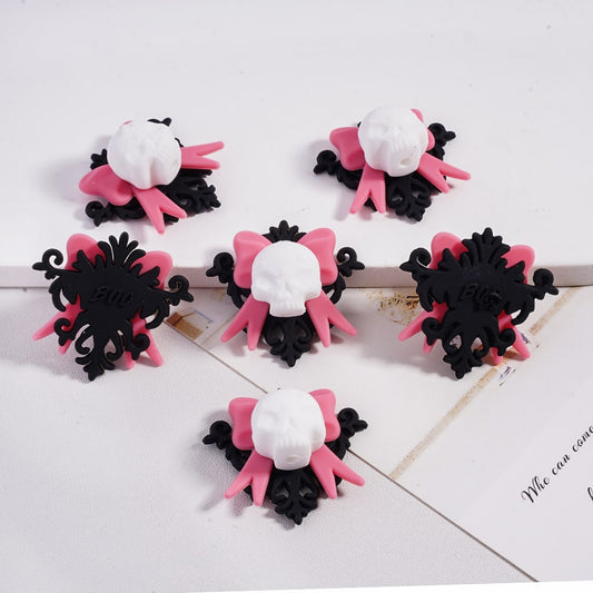 White Gothic Skull with Pink Bowtie Silicone Focal Bead