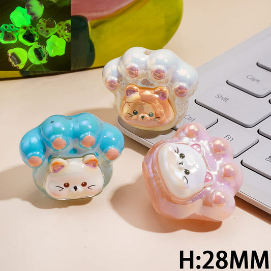 UV Coated Glowing Cat Claw Design with Cute Cat Face and Tail Acrylic Beads, Height 28MM, Random Mix