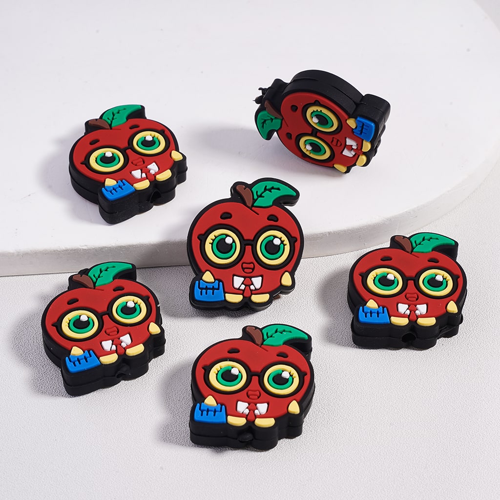 Smarty Apple with Glasses & Blue School Bag Silicone Focal Bead