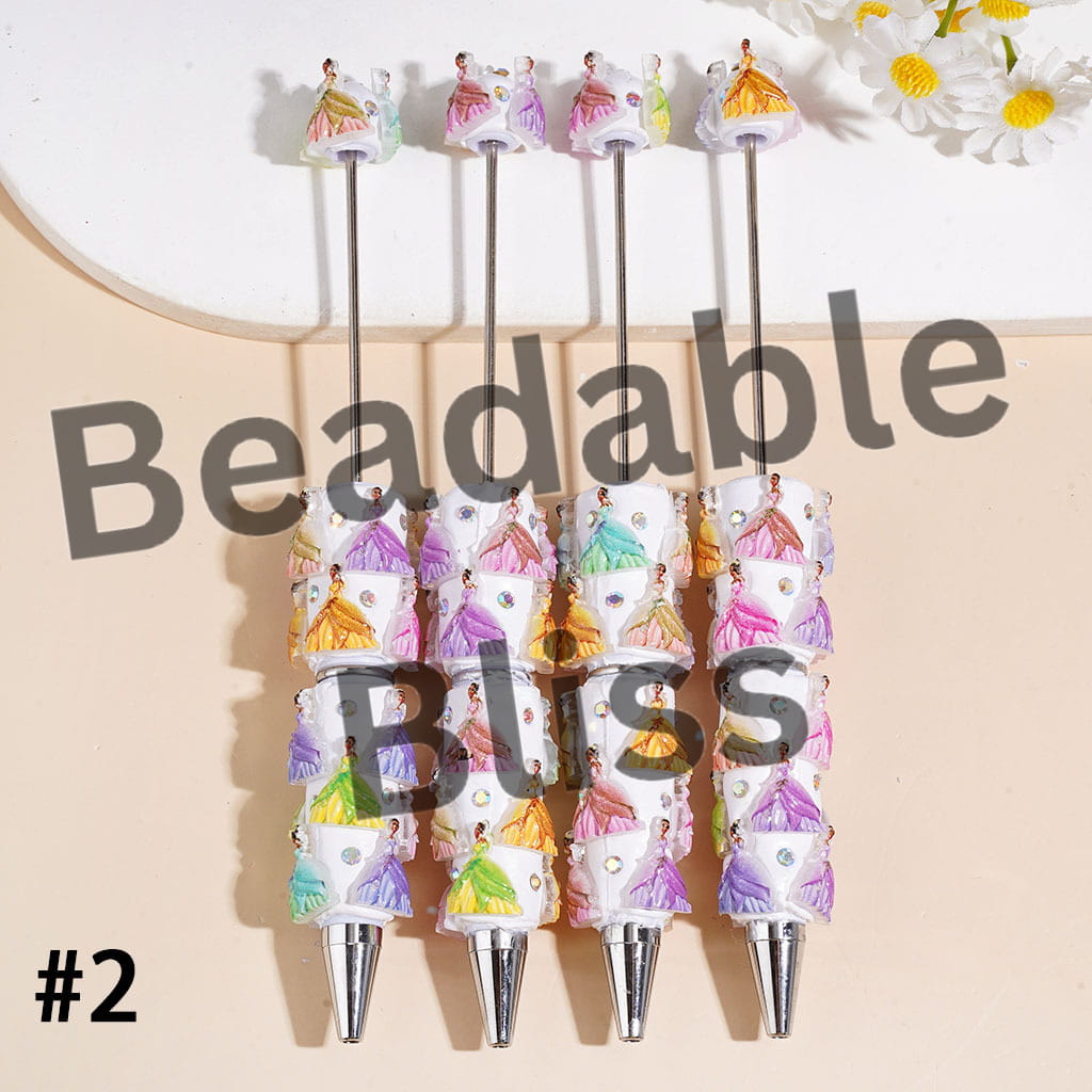 Beadable Clay Pens with Princess Character and Green Leaf, AB Rhinestones, Assorted Style