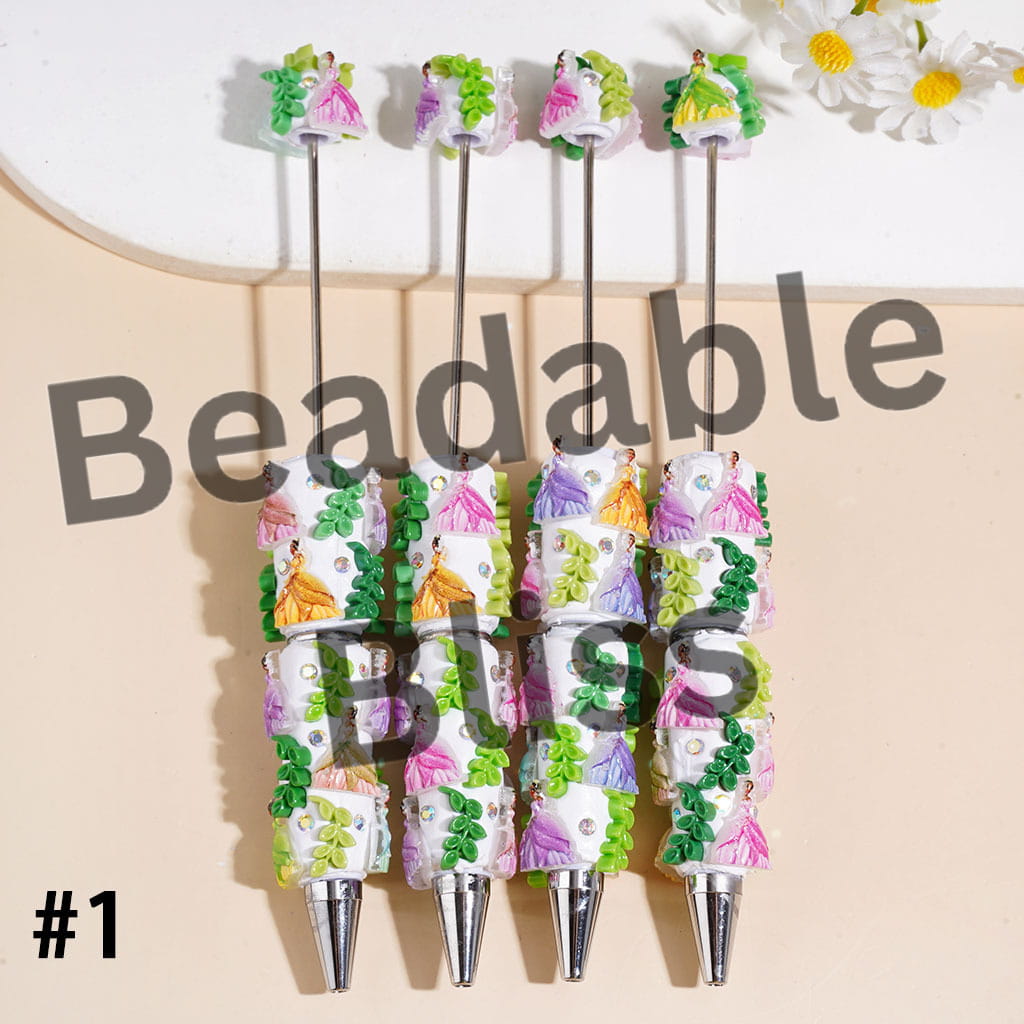 Beadable Clay Pens with Princess Character and Green Leaf, AB Rhinestones, Assorted Style
