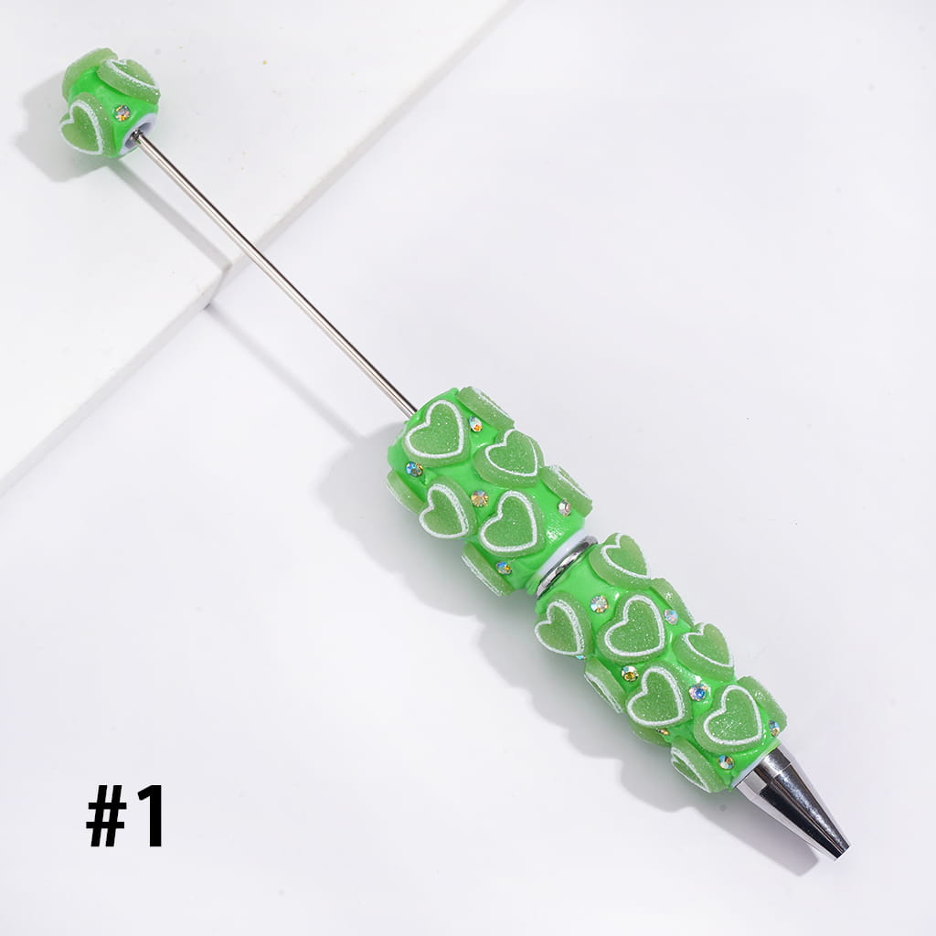 Beadable Clay Pens with Luminous Matte Frosted Hearts and AB Rhinestones, Neon Colors