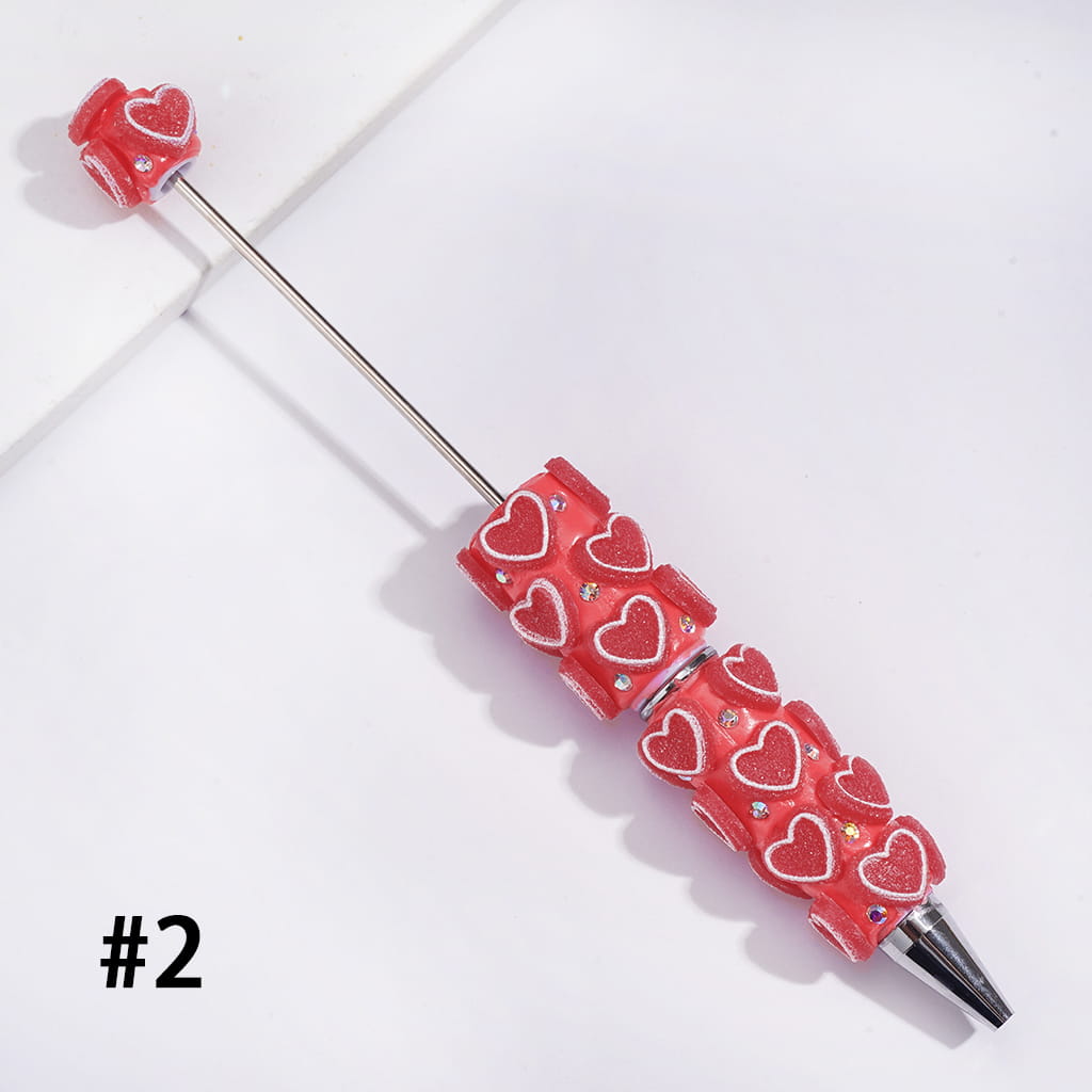 Beadable Clay Pens with Luminous Matte Frosted Hearts and AB Rhinestones, Neon Colors