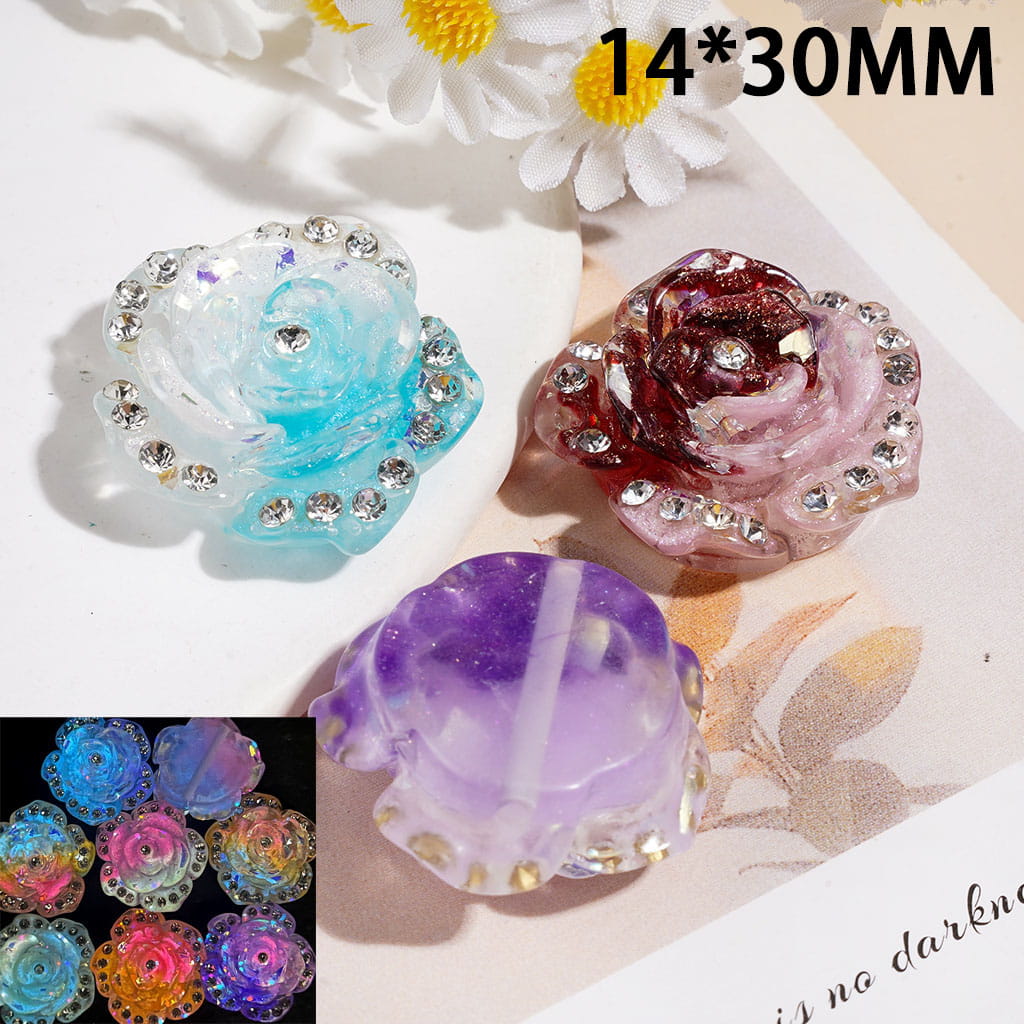 Luminous Blossoming Camellia with Clear Rhinestones & Glitter & Thin Flakes Acrylic Beads, 14*30MM, Double Colors, Random Mix