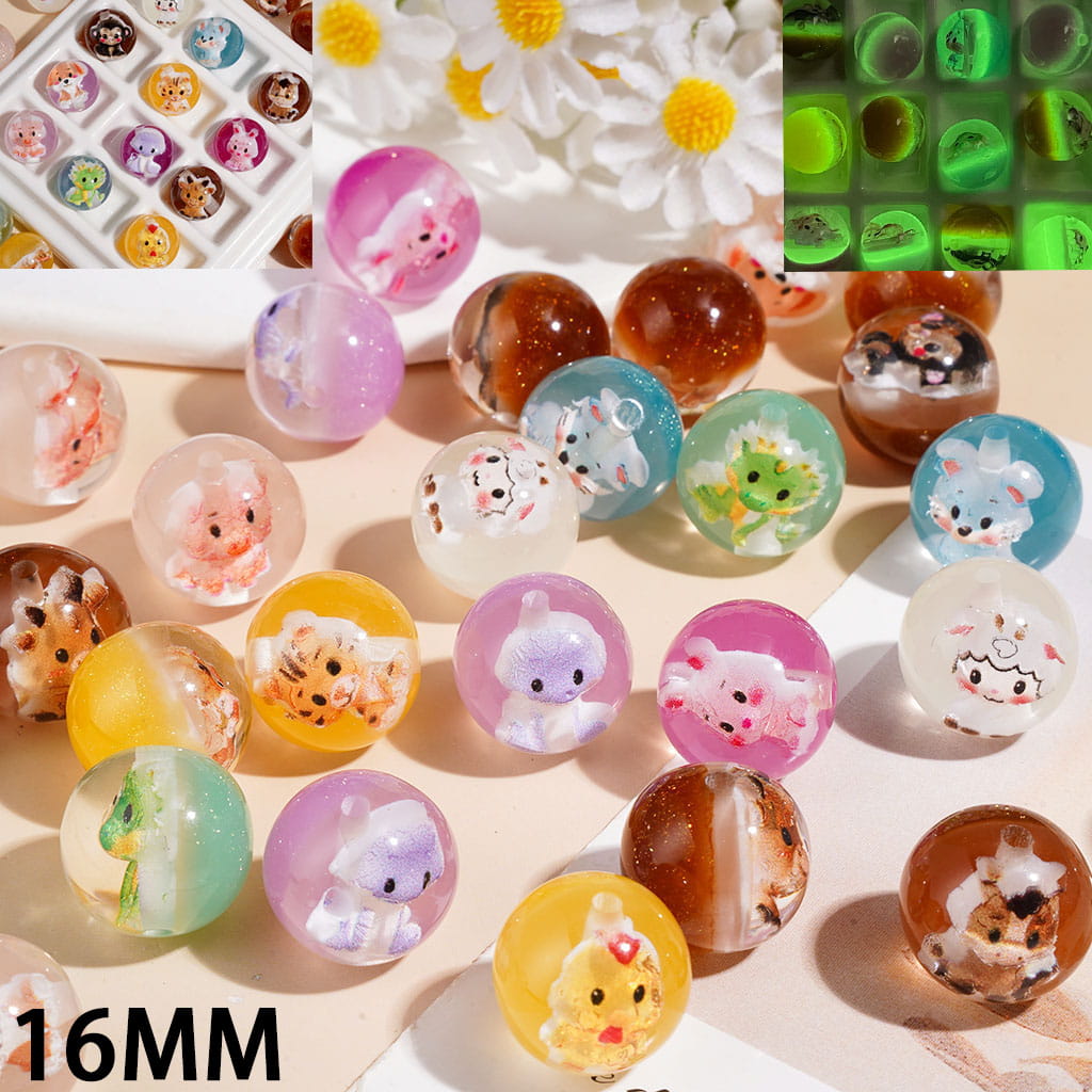 Luminous & Color Changing | Acrylic Beads for Bracelets with Cute Chinese Zodiac 12 Animals, Gold Glitter, 16MM, Random Mix, Multi-Color