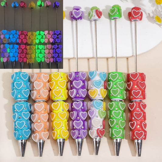 Vibrant Neon Colors Luminous Matte Frosted Heart Shape Design with Sparkling AB Rhinestones Beadable Clay Pens