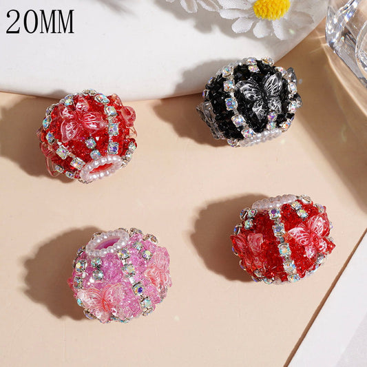 Translucent Butterfly with White Pattern Handmade Acrylic Sugar Beads with AB Rhinestones & White Pearl Chains, 20MM Multi-Color Random Mix
