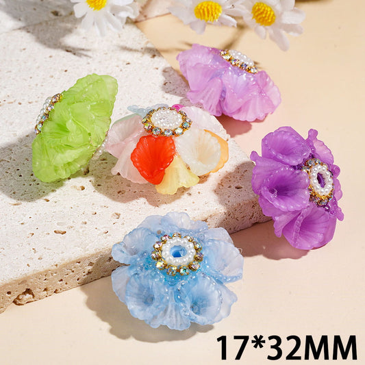 Morning Glory Flower AB Rhinestone & White Pearl Chains, Handcrafted Acrylic Beads, 17*32MM, Multi-Color, Random Mix