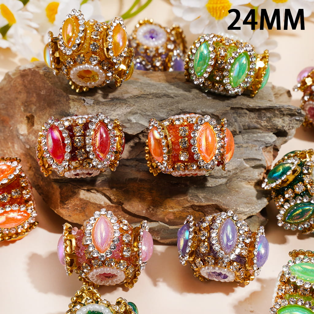 Hand-Made Sugar Acrylic Beads w Marquise Cut Rhinestones, Gold Metal Clasp & White Pearl Chain, 24MM, Random Mix