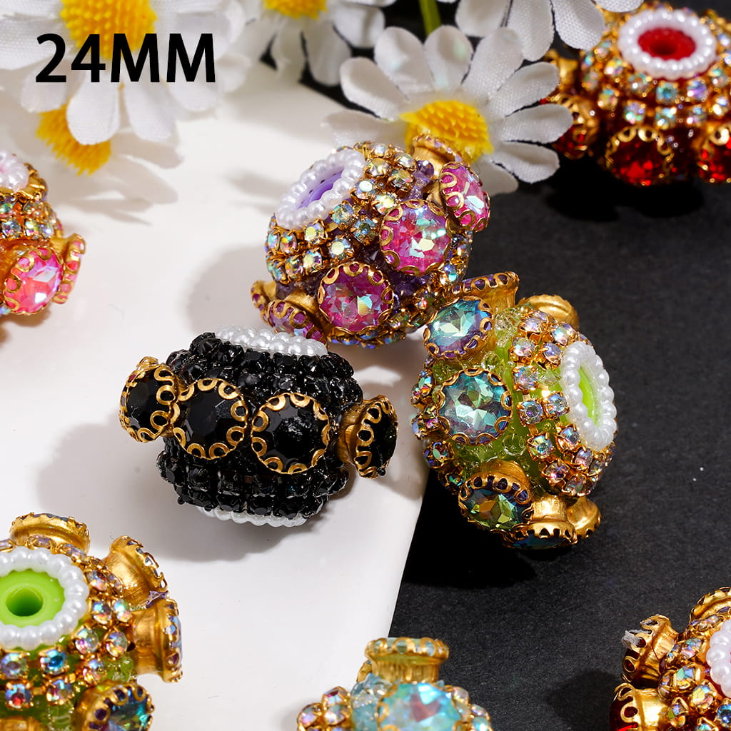 Hand-Made Acrylic Beads w UFO Shaped Colored Rhinestones, Gold Metal Clasp Chain & AB Rhinestone Accents, 24MM, Random Mix