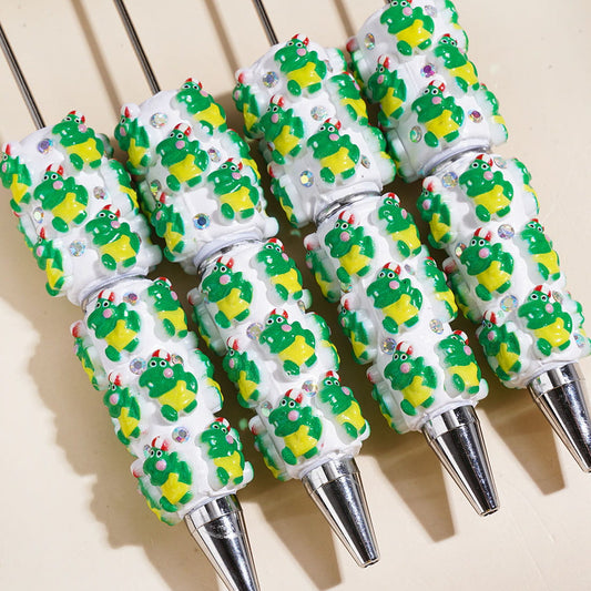 Cute Green Crocodile Character White Base, Beadable Clay Pens with AB Rhinestones