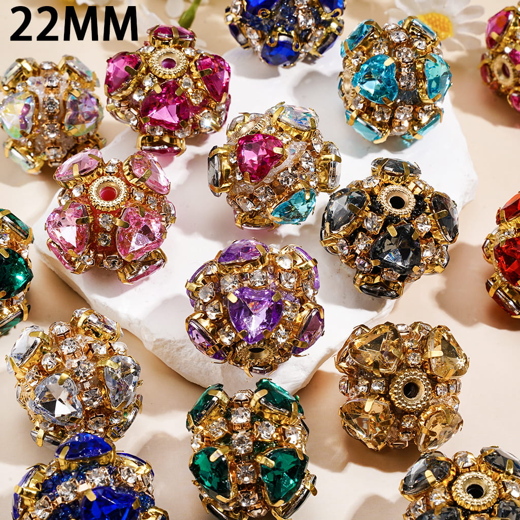Hand-Made Sugar Acrylic Beads w Clear Heart Rhinestones, Metal Holder & Chain, 22MM, Random Mix