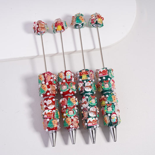 Red & Green Christmas Series with Santa, Reindeer, Tree, Stocking, Wreath, House, Bell & Snowman White Pearls Beadable Clay Pens