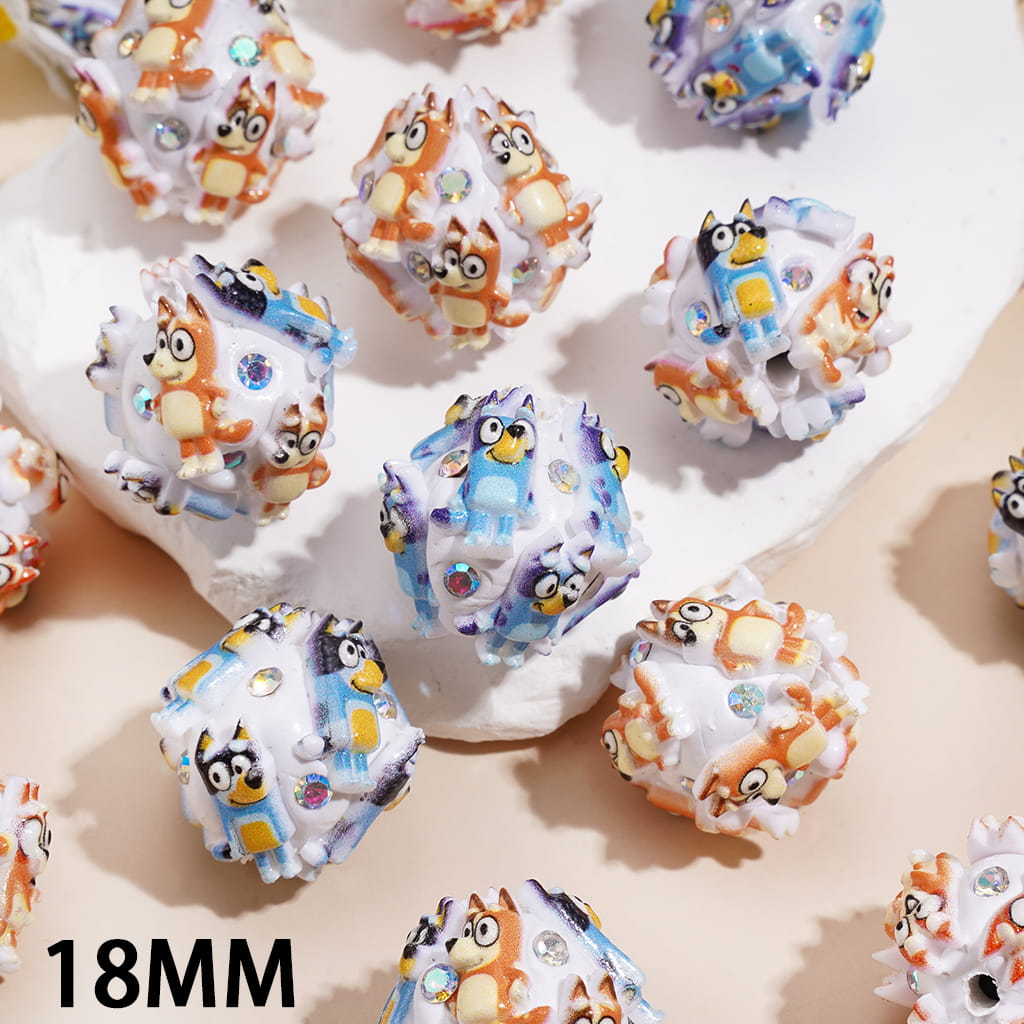 Clay Beads w Blue Dog Character & AB Rhinestones 18MM, Random Mix