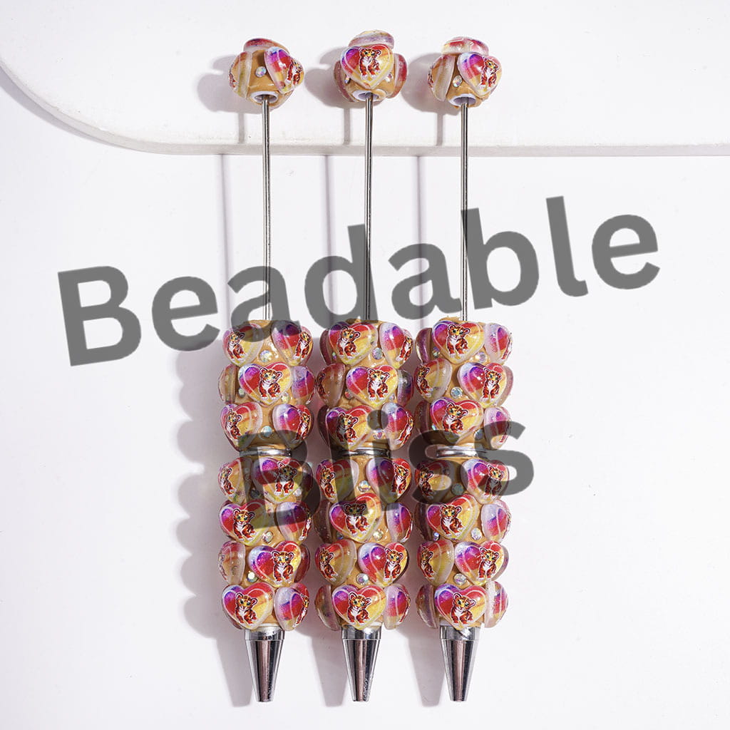 AB Rhinestones and Rainbow Colored Heart with Cute Tiger Patterns Beadable Clay Pens
