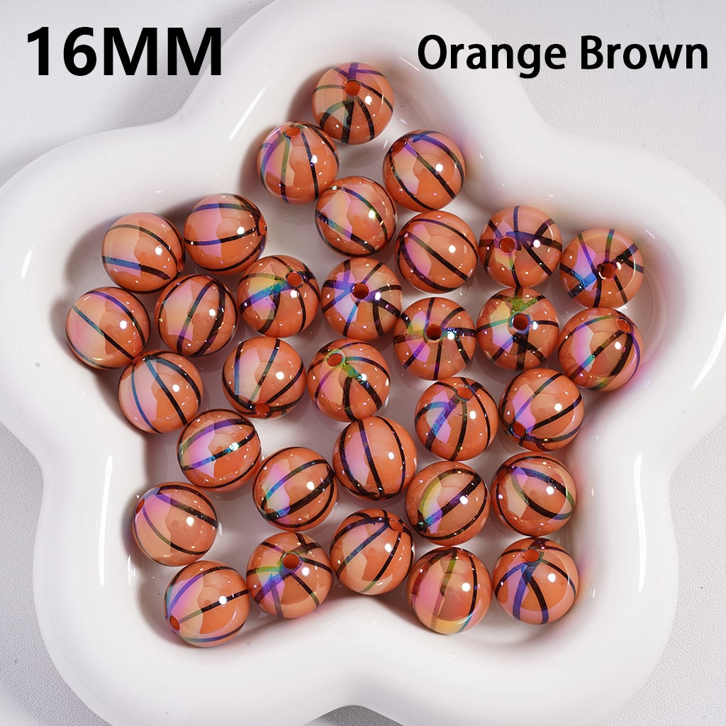 Orange brown beads with multicolor stripes on a white dish, labeled '16MM' and 'Orange Brown'.


