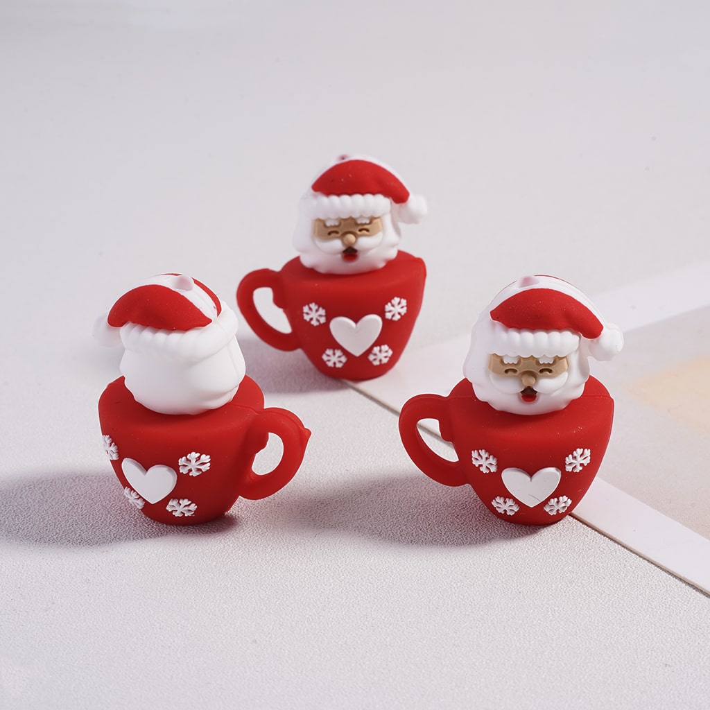 3D Cute Santa Claus & Reindeer Cup Christmas Series Red Heart & Snowflake Silicone Focal Beads
