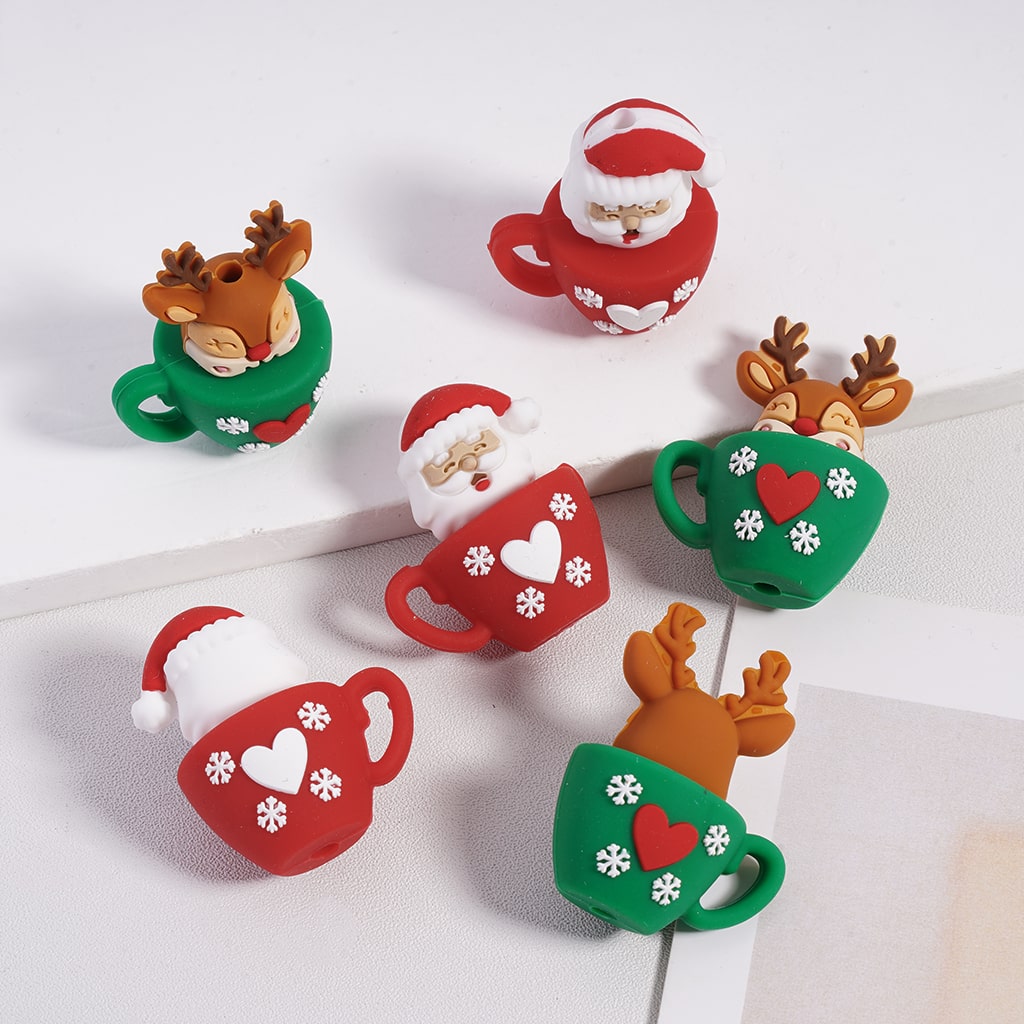 3D Cute Santa Claus & Reindeer Cup Christmas Series Red Heart & Snowflake Silicone Focal Beads