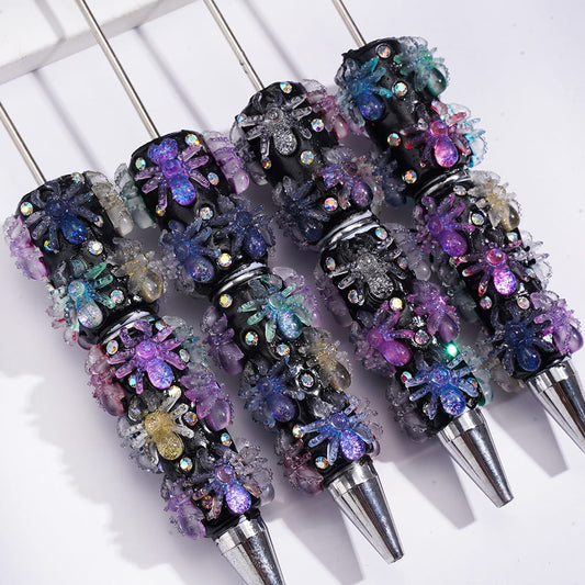 Spooky Glitter Spider with Sparkling AB Rhinestones, White and Black Pen Body, Halloween Theme Beadable Clay Pens