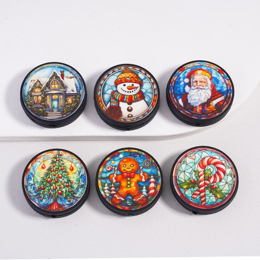 Silicone Focal Beads Christmas Series with Santa, Snowman, Tree, Candy Cane, Gingerbread, and Holiday House, Flat Round Shape, Random Mix