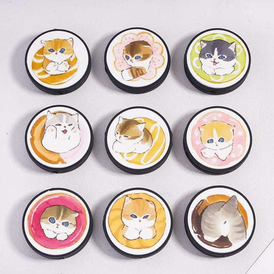 Cute Different Designs Cat Series Print Flat Round Shape Silicone Focal Beads Random Mix