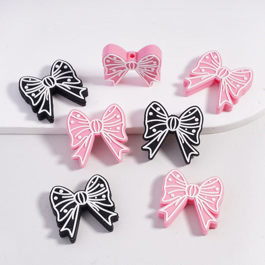 Cute Black & Pink Bowtie with White Stripes & Dotted Patterns for Holiday Crafts Silicone Focal Beads