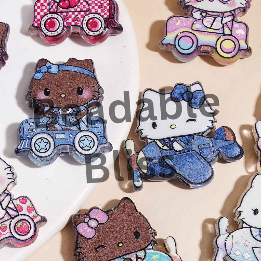 Acrylic Beads Cute Cat Character Driving Plane Car, Semi-Clear, Random Mix Multi-Color