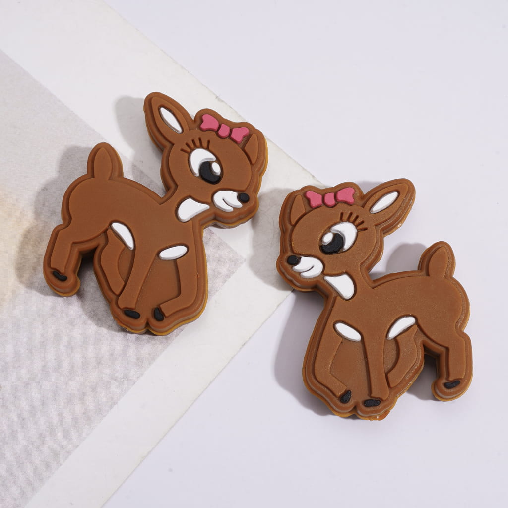 Silicone Focal Beads Deer with Red Bowtie on Head, Brown and Light Khaki Color