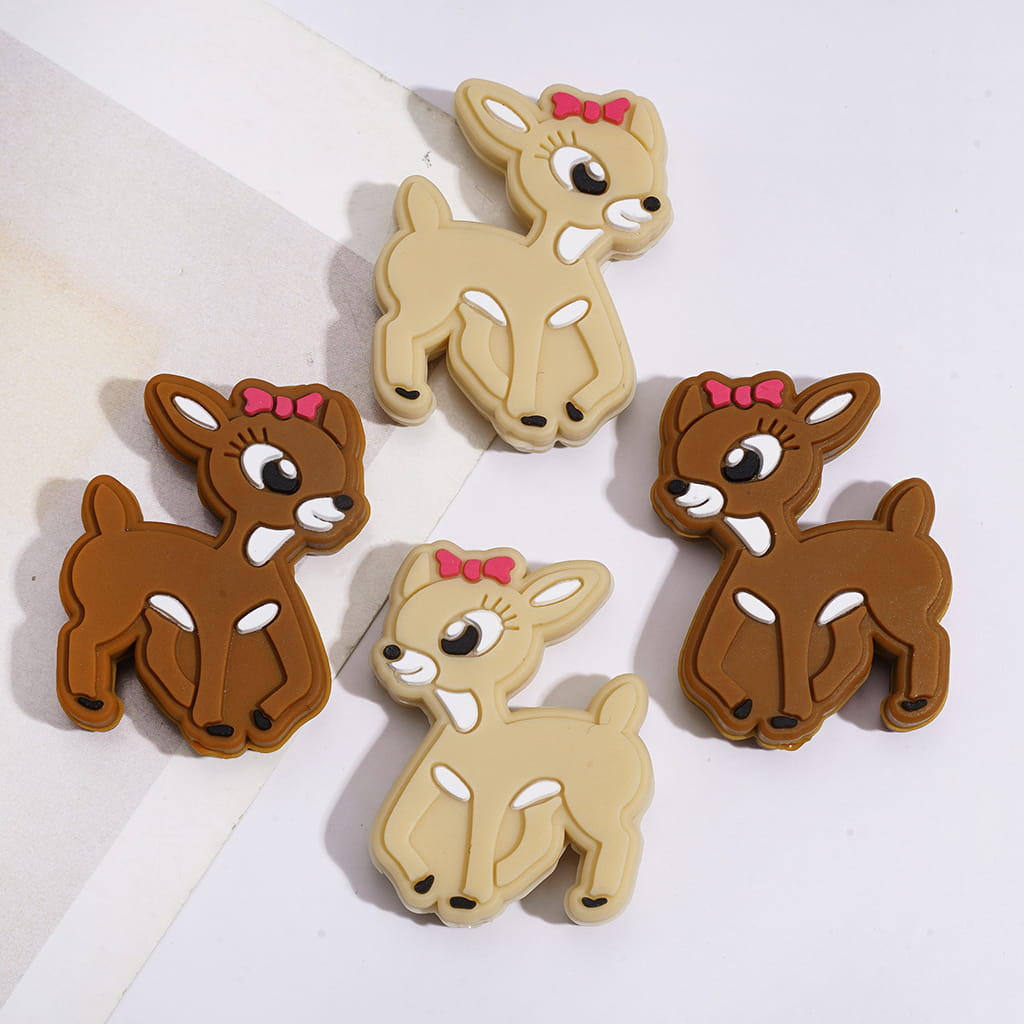 Silicone Focal Beads Deer with Red Bowtie on Head, Brown and Light Khaki Color