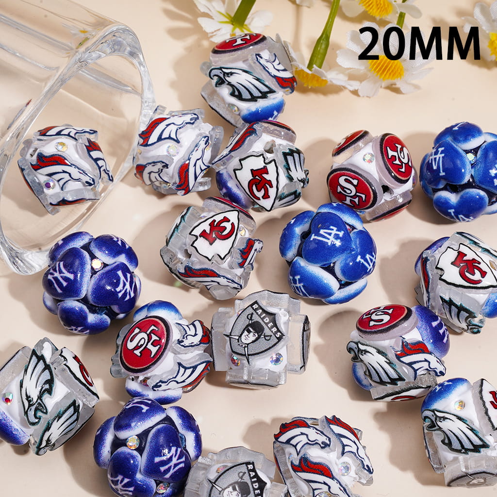 Clay Beads w USA Football & Baseball Team Series, AB Rhinestones, 20MM, Random Mix