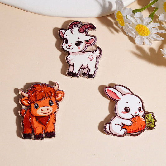 Cute Farm Animal & Cowboy Series Pig, Highland Cow, Goat, Alpaca, Rooster, Horse & Rabbit Acrylic Beads, Semi-Clear, Variant Designs, Random Mix