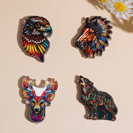 Boho Wild Animal Series Wolf, Horse, Fox, Bear, Highland Cow, Deer & Eagle Semi-Clear Acrylic Beads, Variant Designs, Random Mix