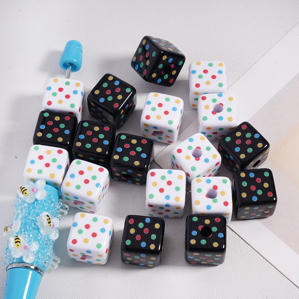 White & Black Square Cubes Acrylic Beads with Colorful Spot Spots, 14mm, SB