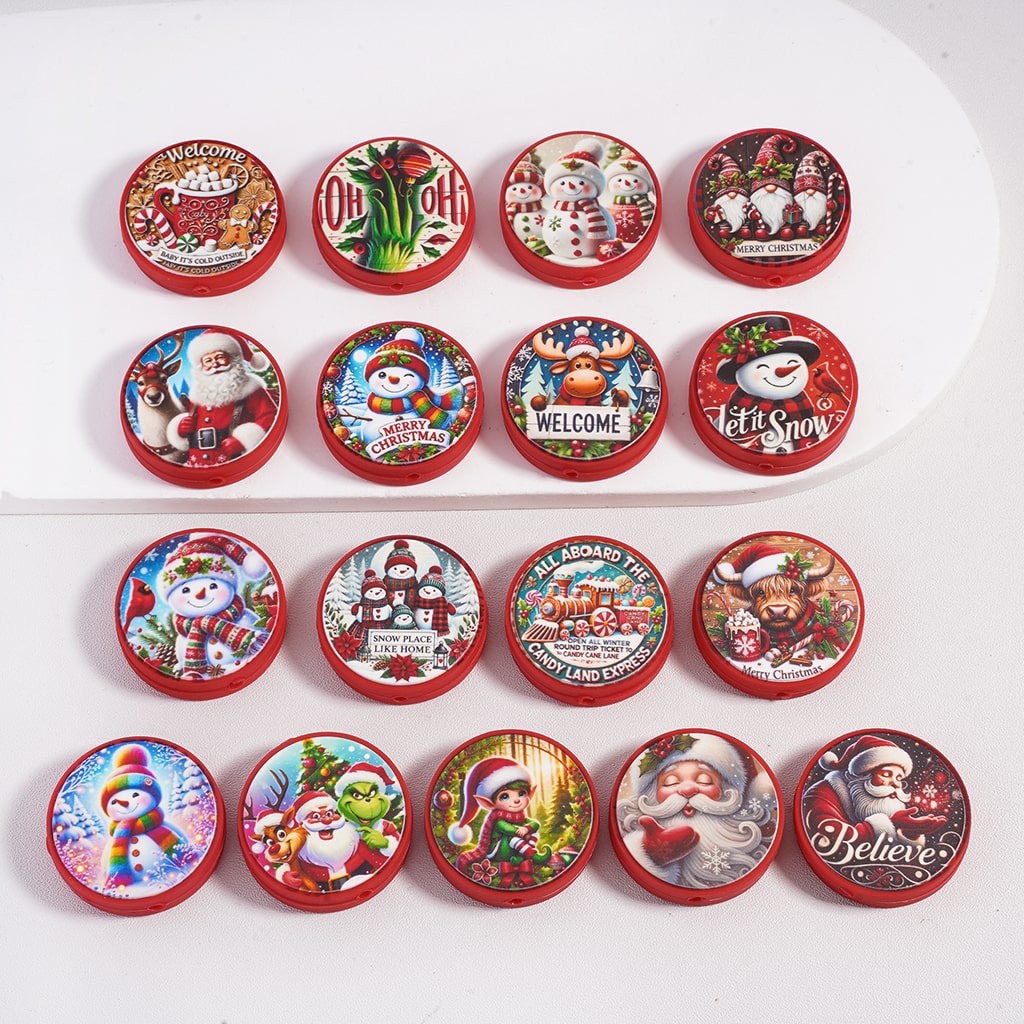 Christmas Series with Santa, Snowman, Reindeer & Holiday Prints, Different design Print Red Background Round Shape Silicone Focal Beads Random Mix