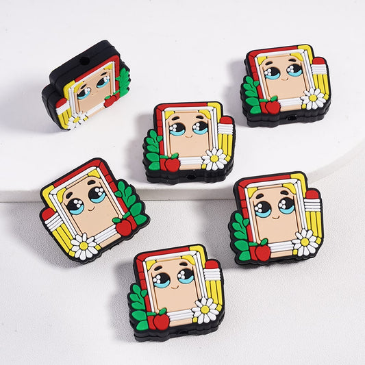 Cute Teacher Series Book, Pencil & Flower Motifs Silicone Focal Beads