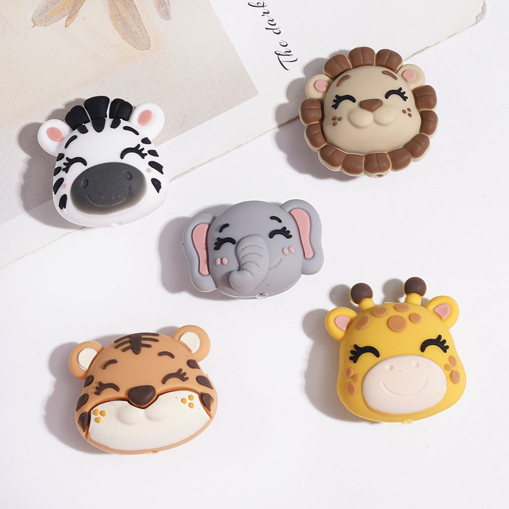 3D Cute Animal Head Silicone Focal Beads, Zebra & Tiger & Lion & Elephant & Giraffe