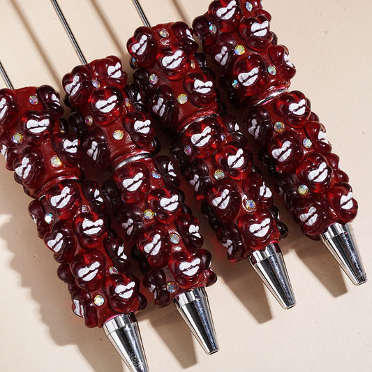 Cute Dark Red Lips Beadable Clay Pens with AB Rhinestones on Red Background