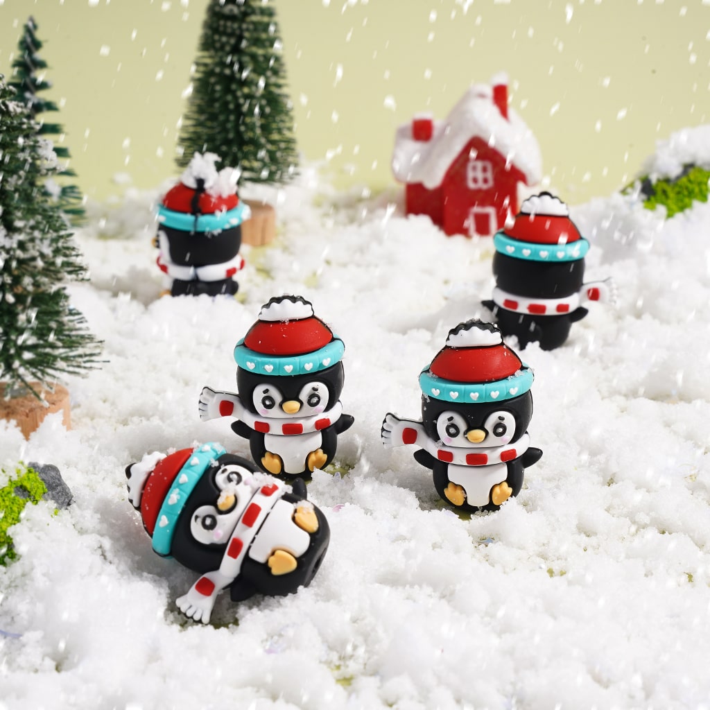 3D Cute Penguin with White Scarf & Red Santa Hat Christmas Series Silicone Focal Beads