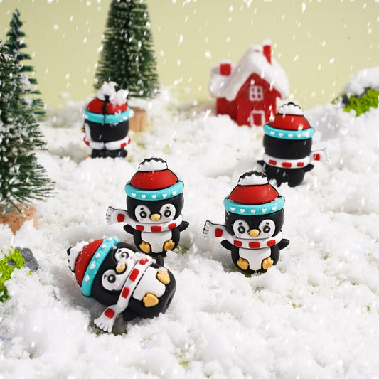 3D Cute Penguin with White Scarf & Red Santa Hat Christmas Series Silicone Focal Beads