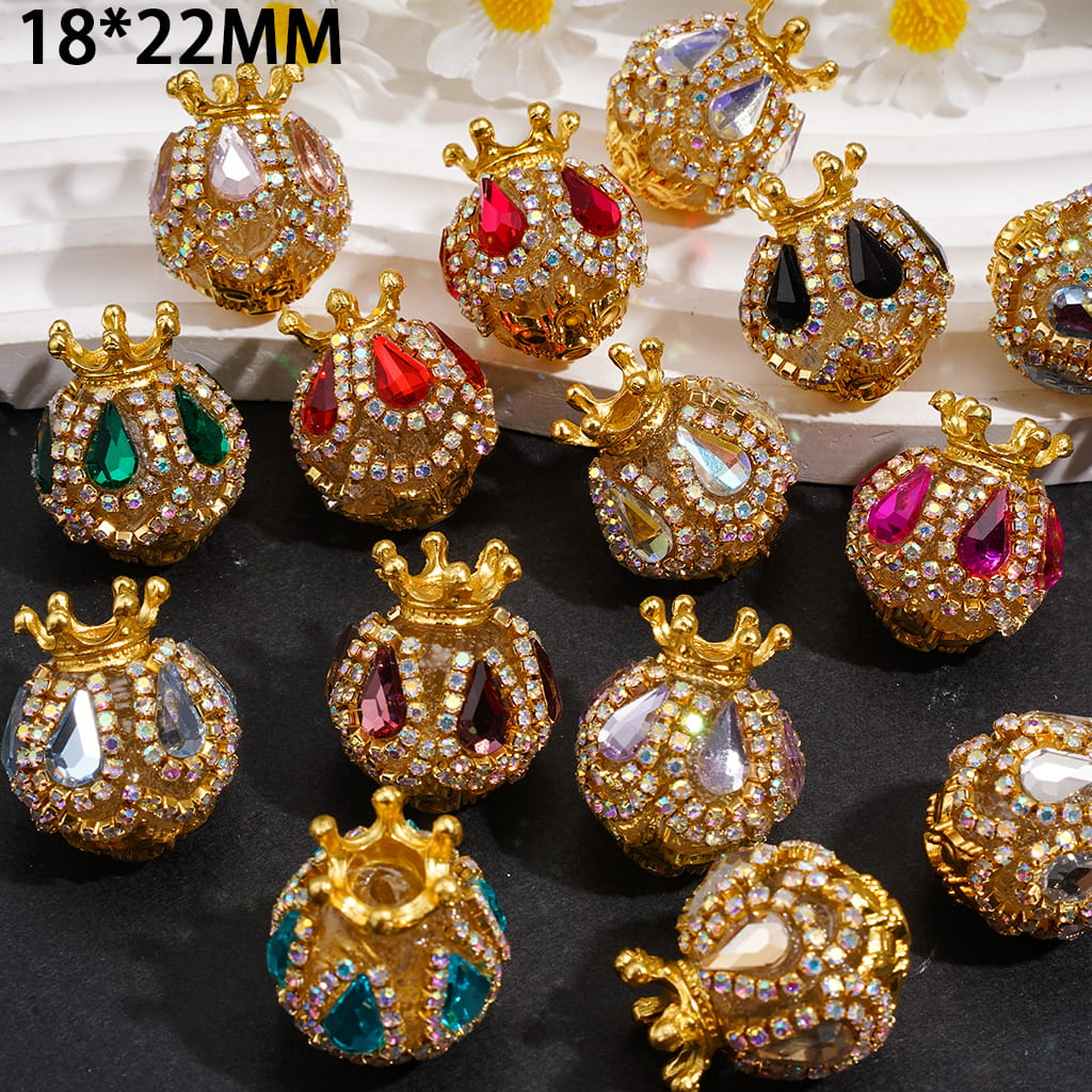 Handmade Acrylic Beads with Gold Crown, Teardrop AB Rhinestones and Crystal Chain, 18×22MM, Multi-Color