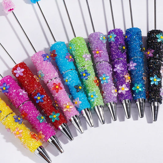 Colorful Five-Petaled Mini Flower Series with Broken Rhinestones Covering the Entire Pen, Beadable Sugar Pens, Multi-Color Random Mix