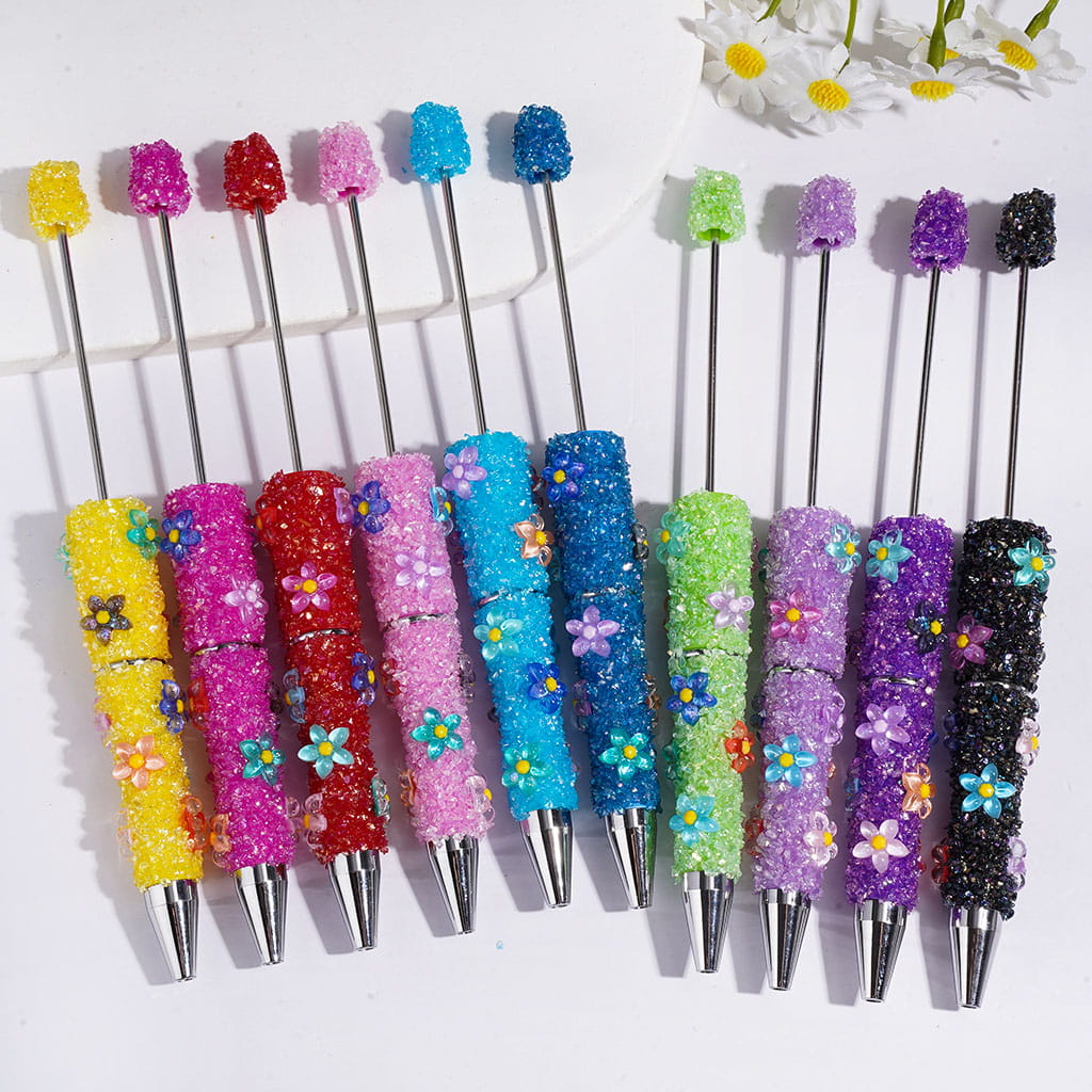 Beadable Sugar Pens with Five-Petaled Flower Series and Broken Rhinestones Covered the Entire Pen, Multi-Color